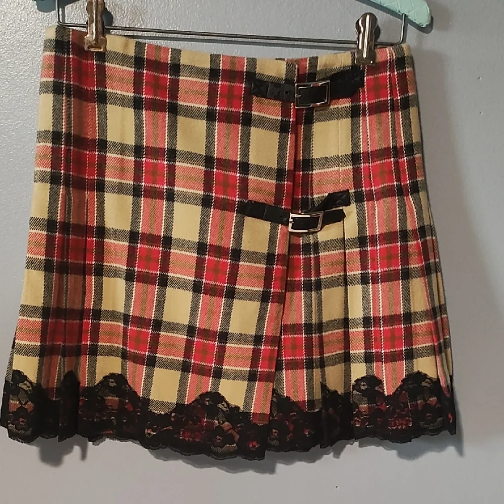 Moda International Red , Tan ,Black And White Pleated Plaid Mini Skirt